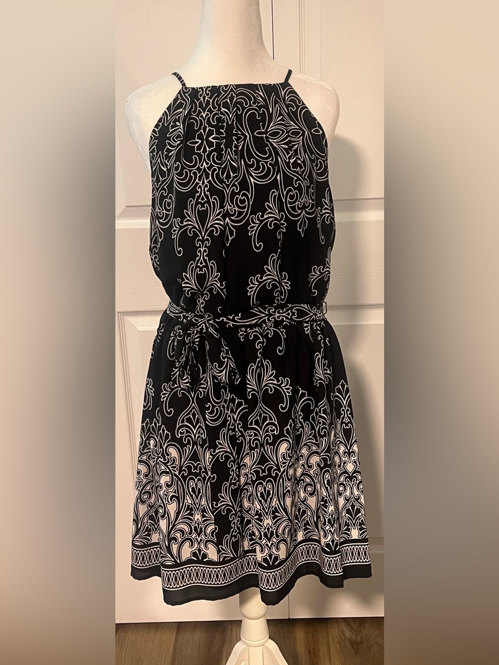 Bisou Bisou Black and White Printed Halter Dress